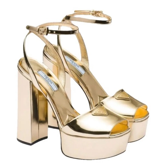 Prada Platform Plateau Ankle Strap Heel Sandals in Metallic Gold 37.5, US 7.5 - Picture 2 of 14